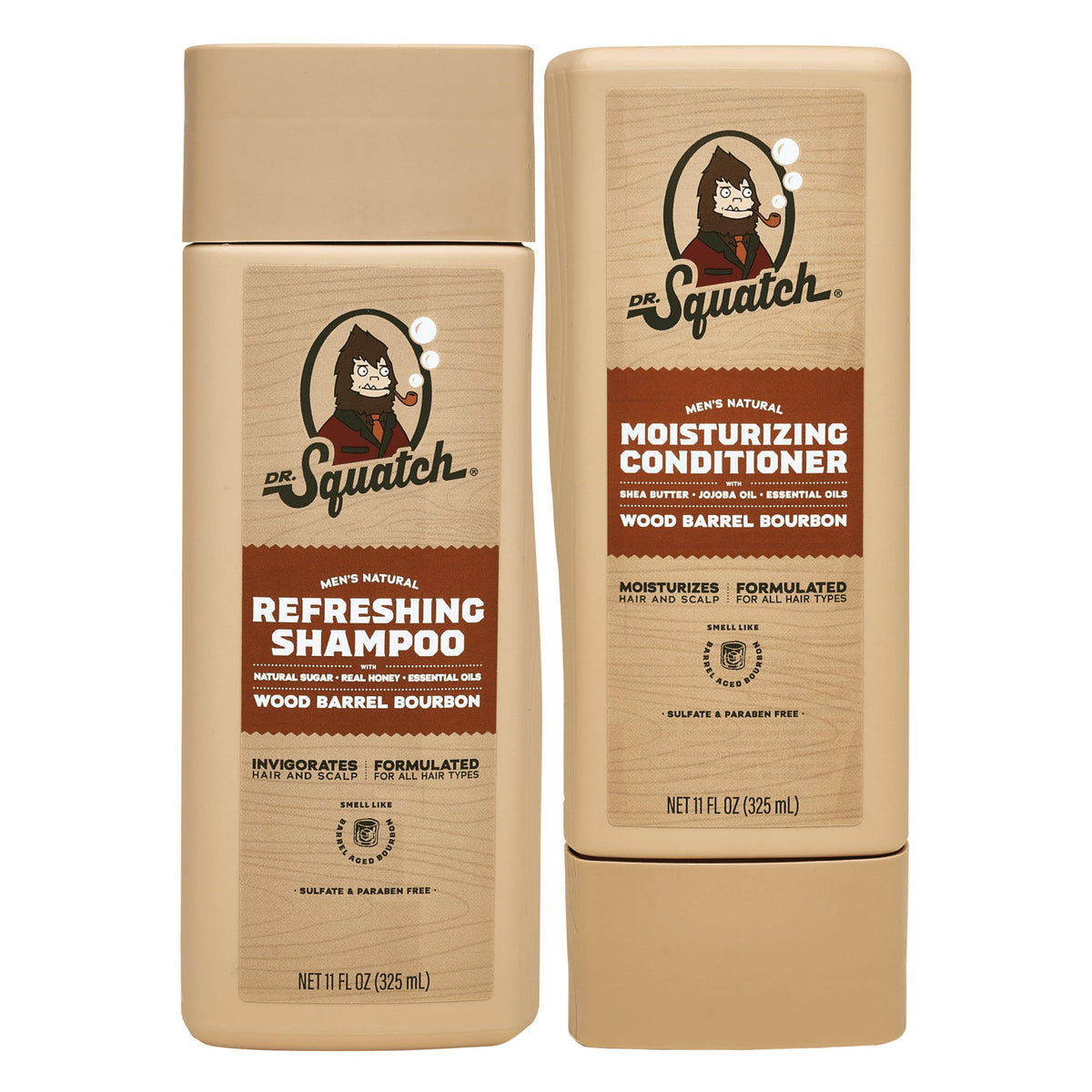 Dr. Squatch Wood Barrel Bourbon shampoo bottle with rugged natural scent for healthy hair.