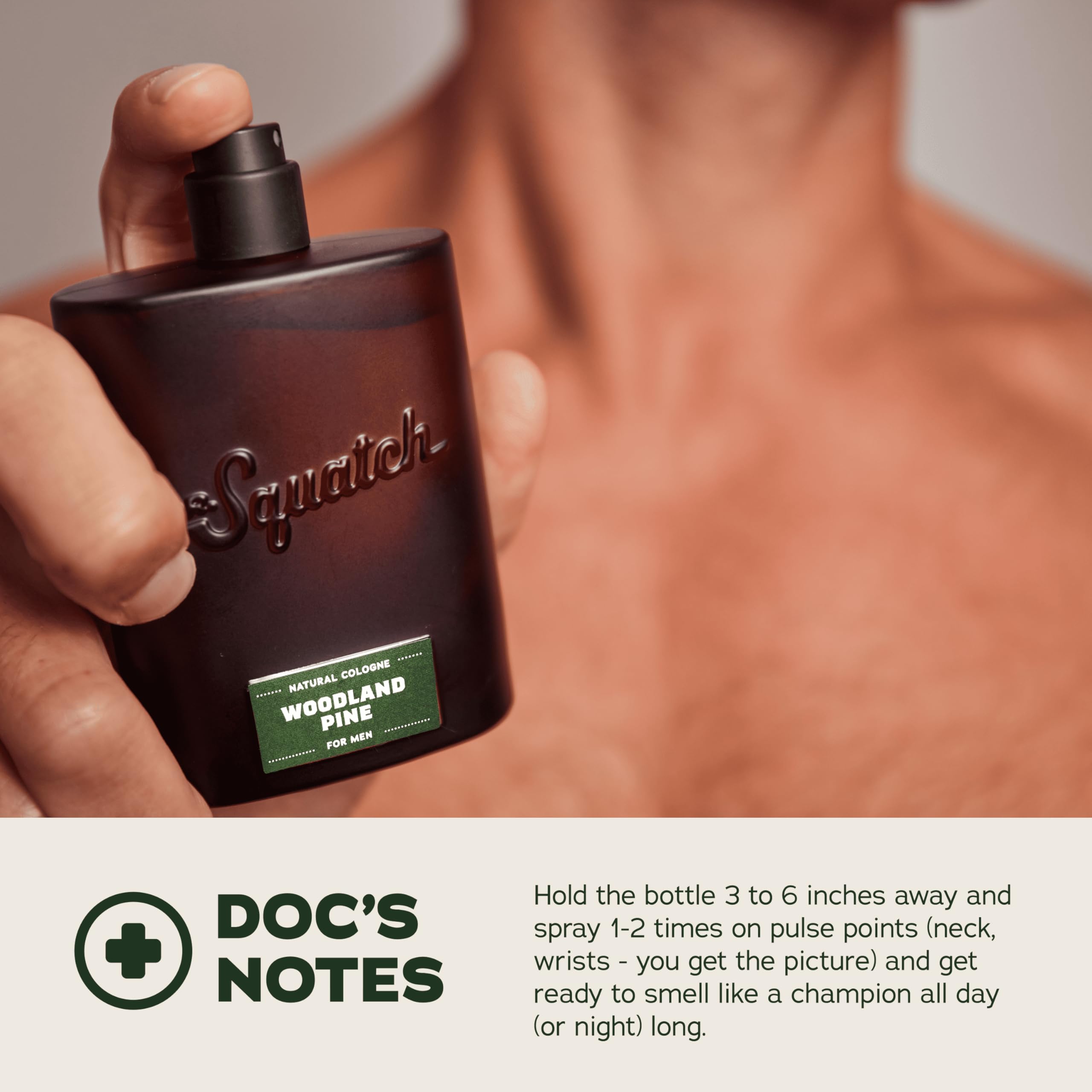 Dr. Squatch Woodland Pine Cologne bottle on wood backdrop for everyday adventure.