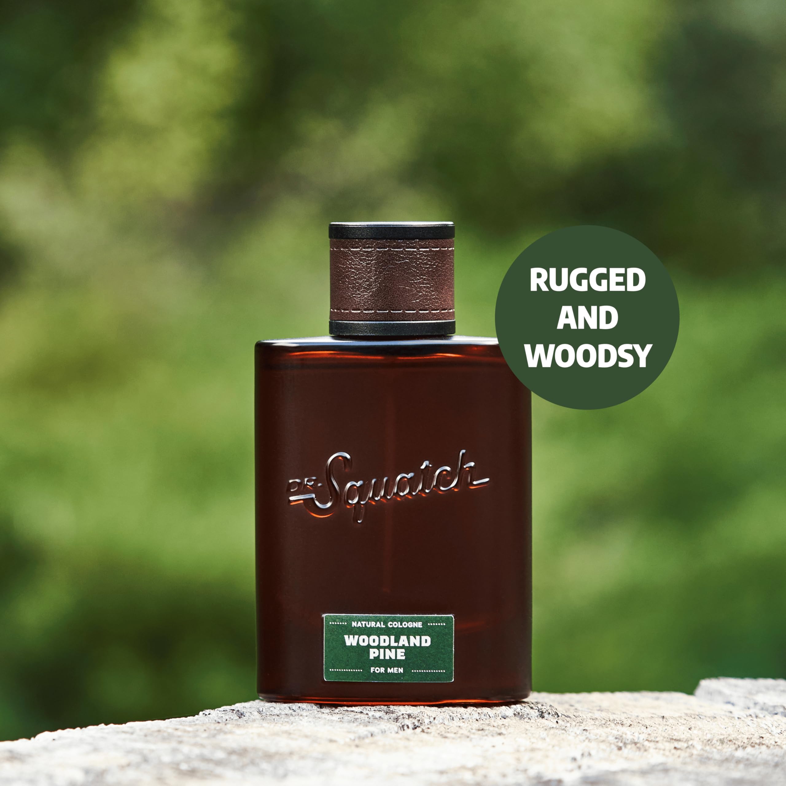 Dr. Squatch Woodland Pine Cologne packaging highlights sustainable sourcing and rugged masculinity.