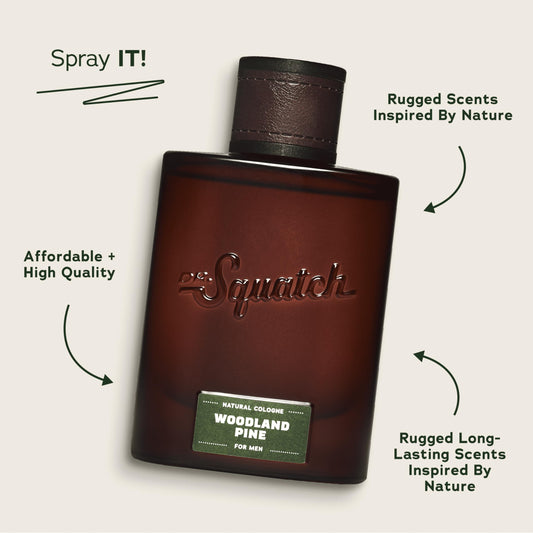Dr. Squatch Woodland Pine Cologne spray demonstrates easy application for all-day aroma.