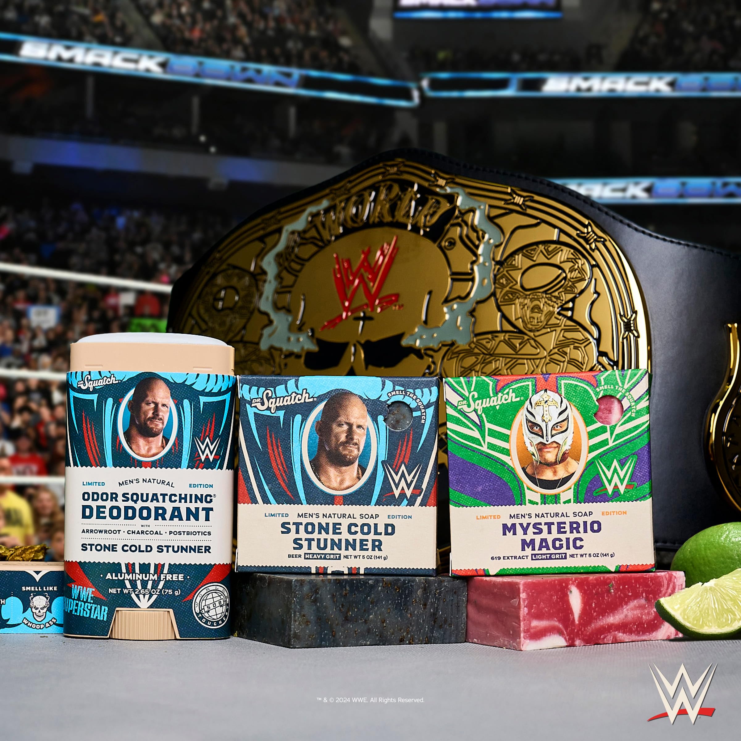 Dr. Squatch WWE gift set packaging highlighting soaps and deodorants