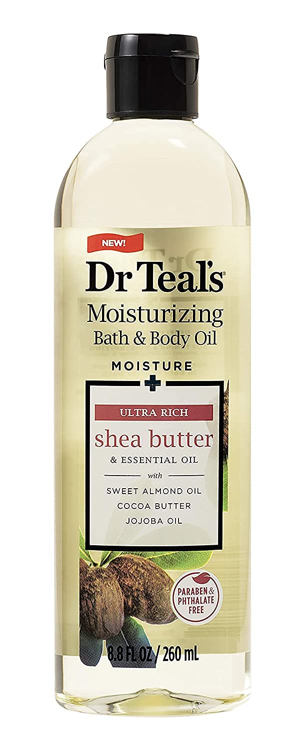 Dr Teal's bath oils with a shimmering finish on skin for quick hydration