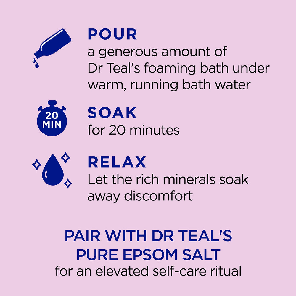 Dr Teal's bottle being poured into a warm bath for easy bath-time use.