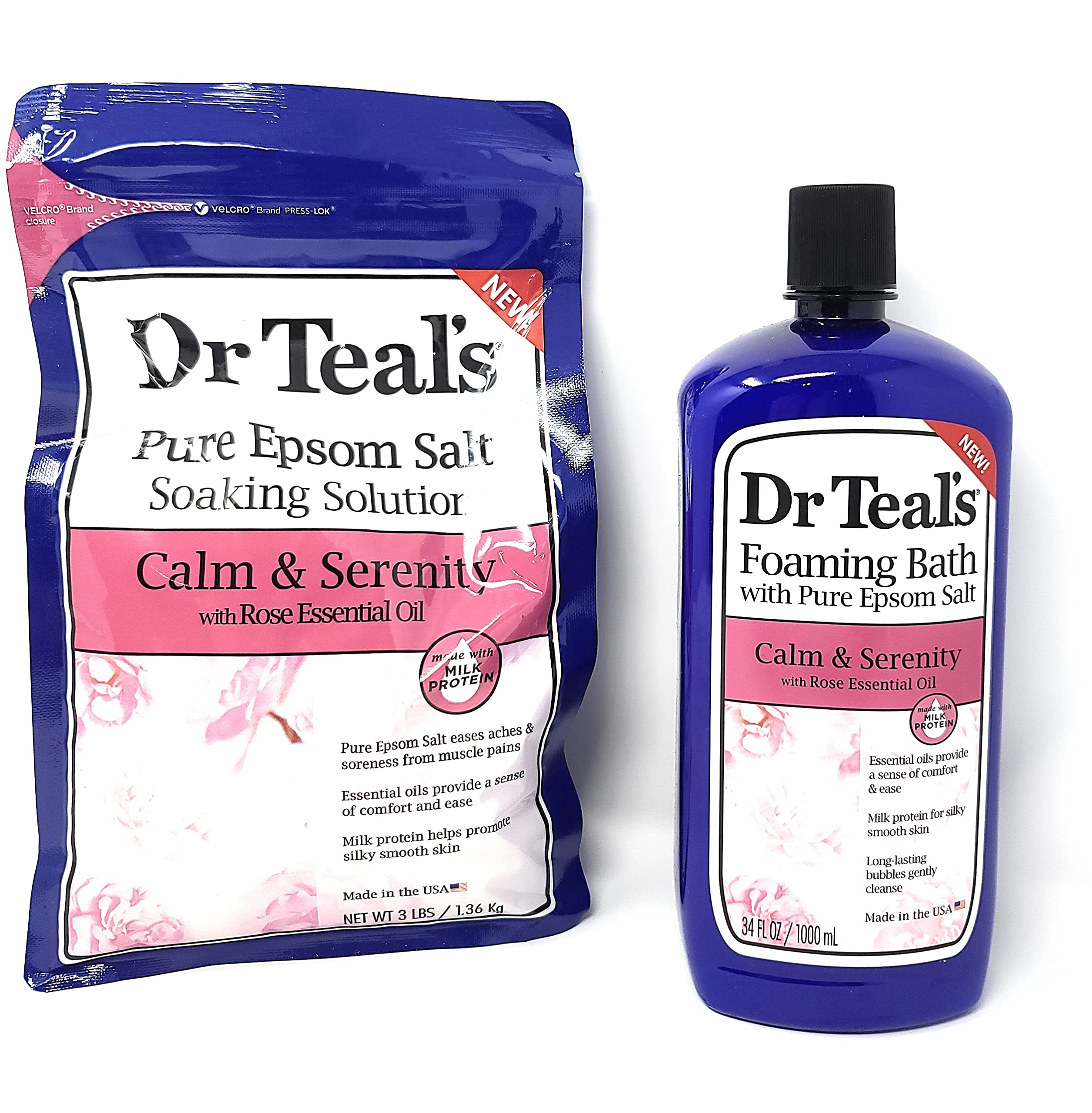 Dr. Teal's Calm & Serenity rose oil bottle enhances a relaxing bath ritual.