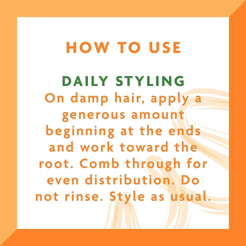 Dr Teal's Cantu smoothing leave-in bottle beside frizz-free hair on model