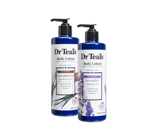 Dr Teal's Coconut and Lavender body lotion bottle provides quick-absorbing moisture for softer skin.