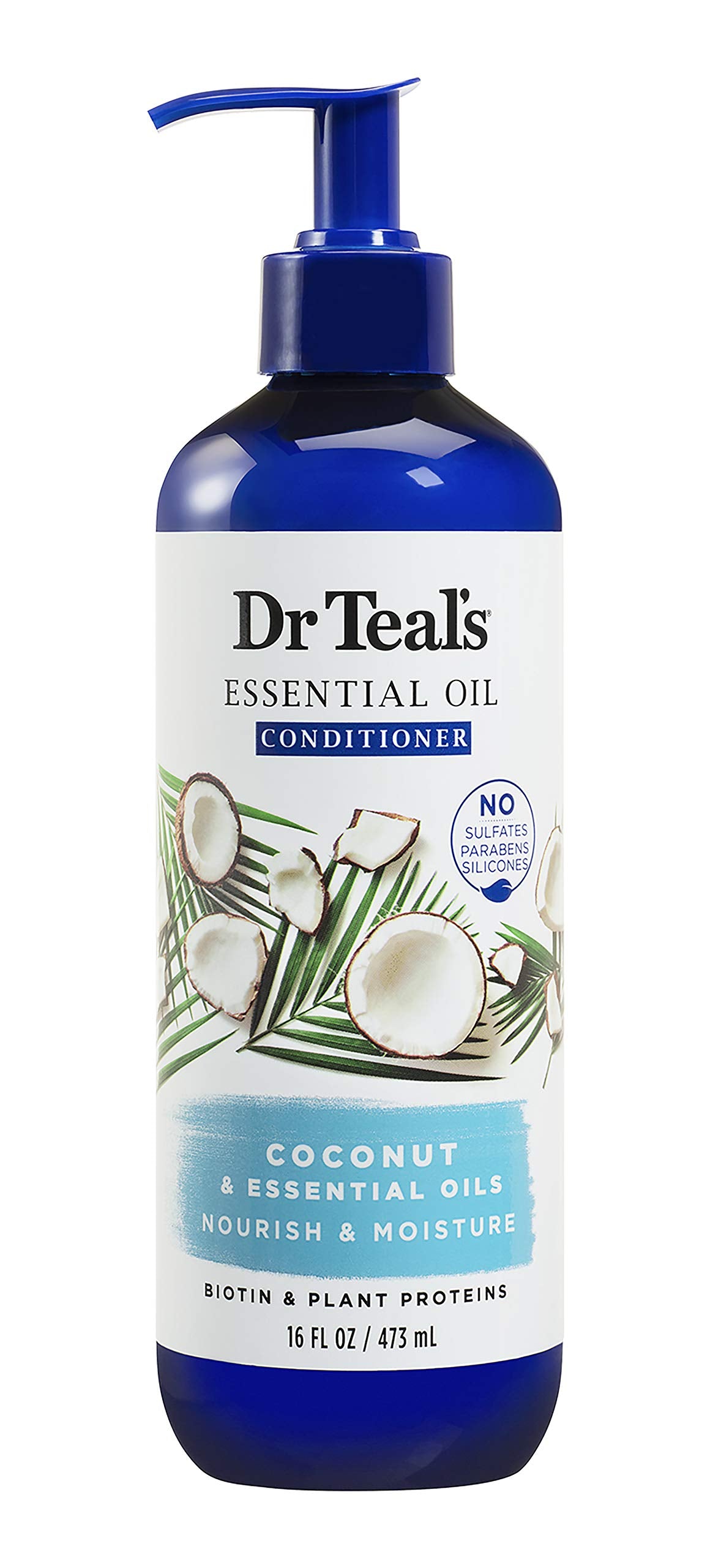 Dr Teal's Coconut Nourish & Moisture conditioner bottle with tropical coconut scent for hydrated hair.