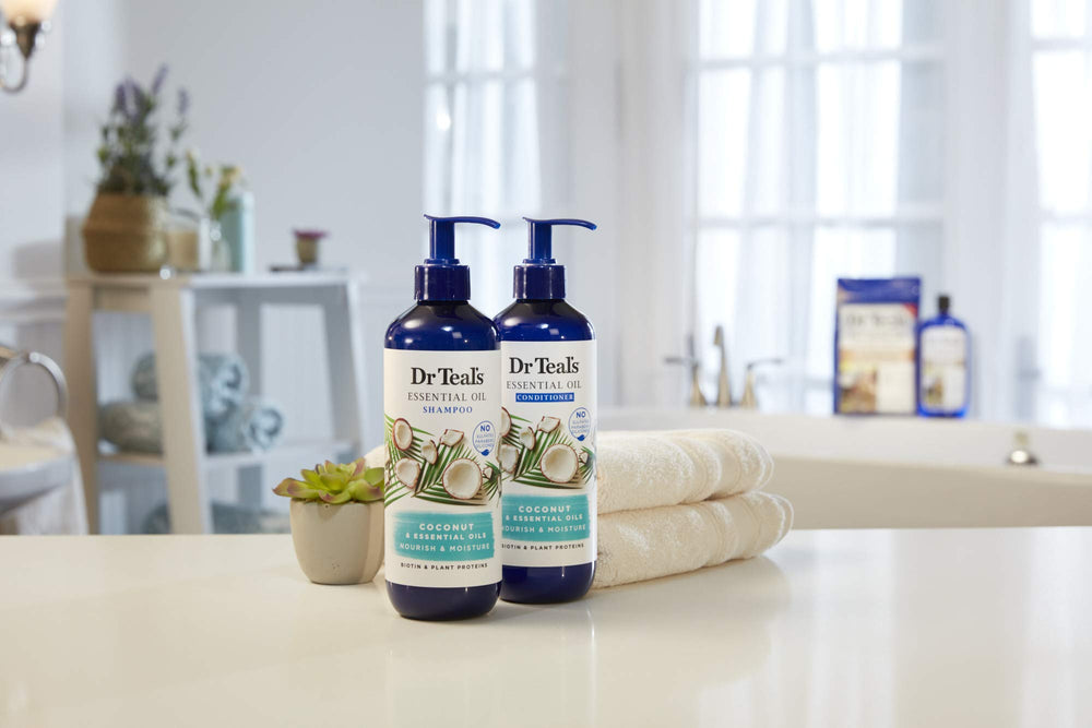 Dr Teal's coconut conditioner nourishes hair strands with plant proteins.