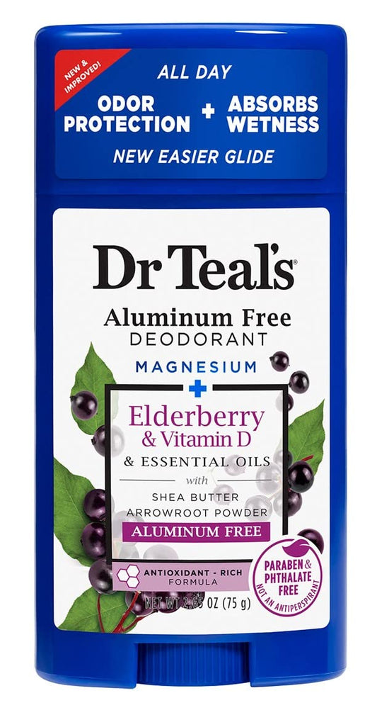 Dr Teal's elderberry deodorant bottle shows the aluminum-free formula for daily use.