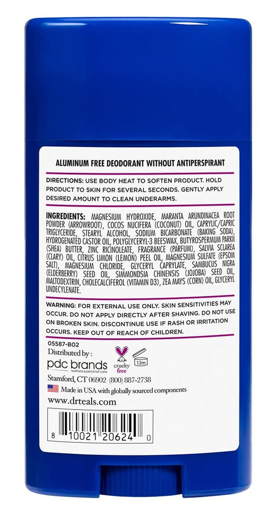 Close-up of the deodorant label highlights elderberry and Vitamin D2 ingredients for a natural scent.