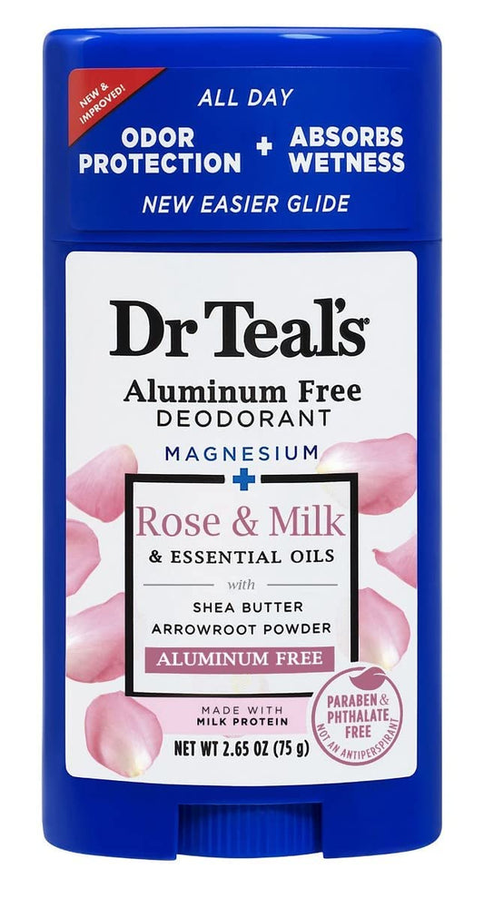 Dr Teal's Rose & Milk deodorant bottle with moisturizing formula.