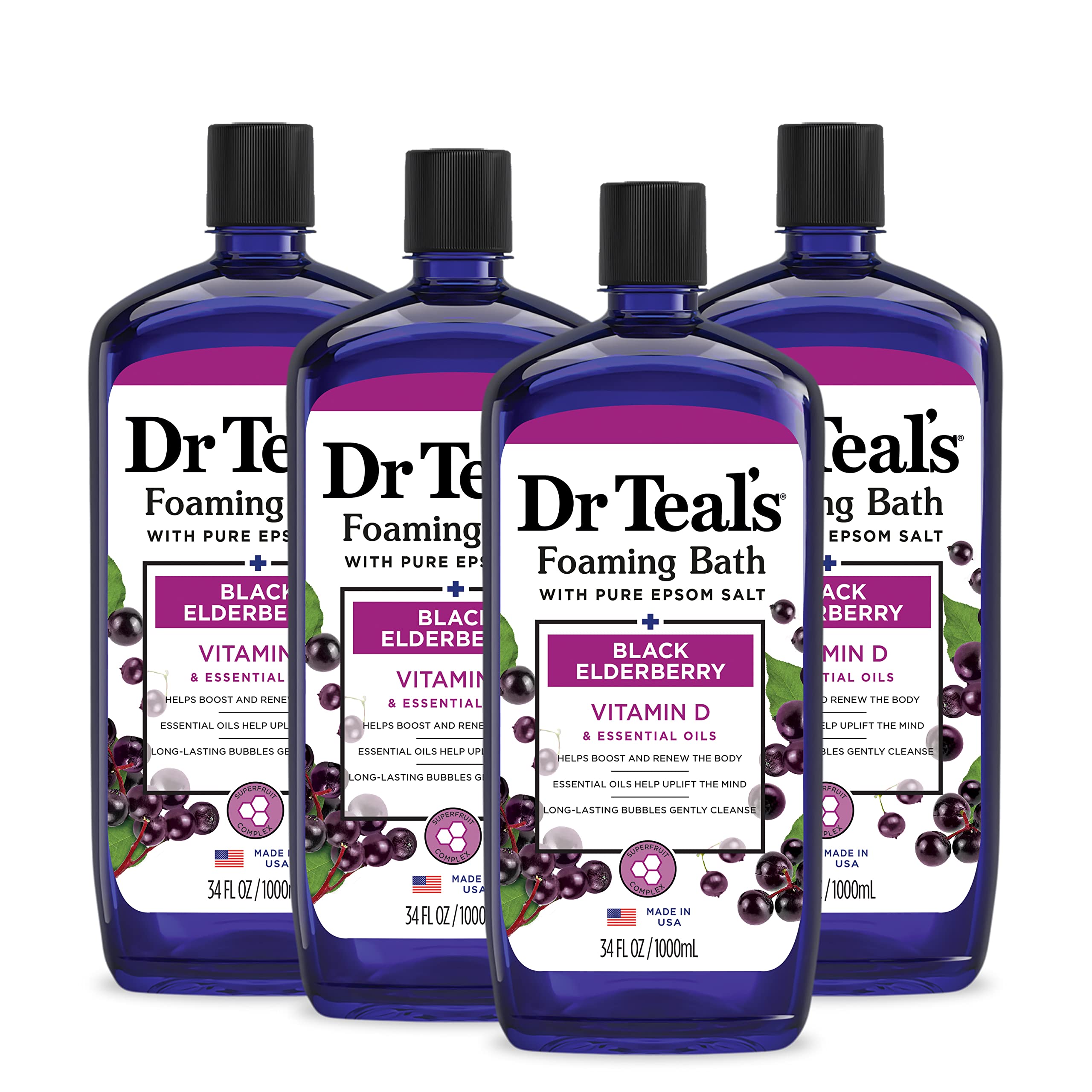 Dr Teal's Elderberry Foaming Bath bottle releasing a soothing elderberry scent.