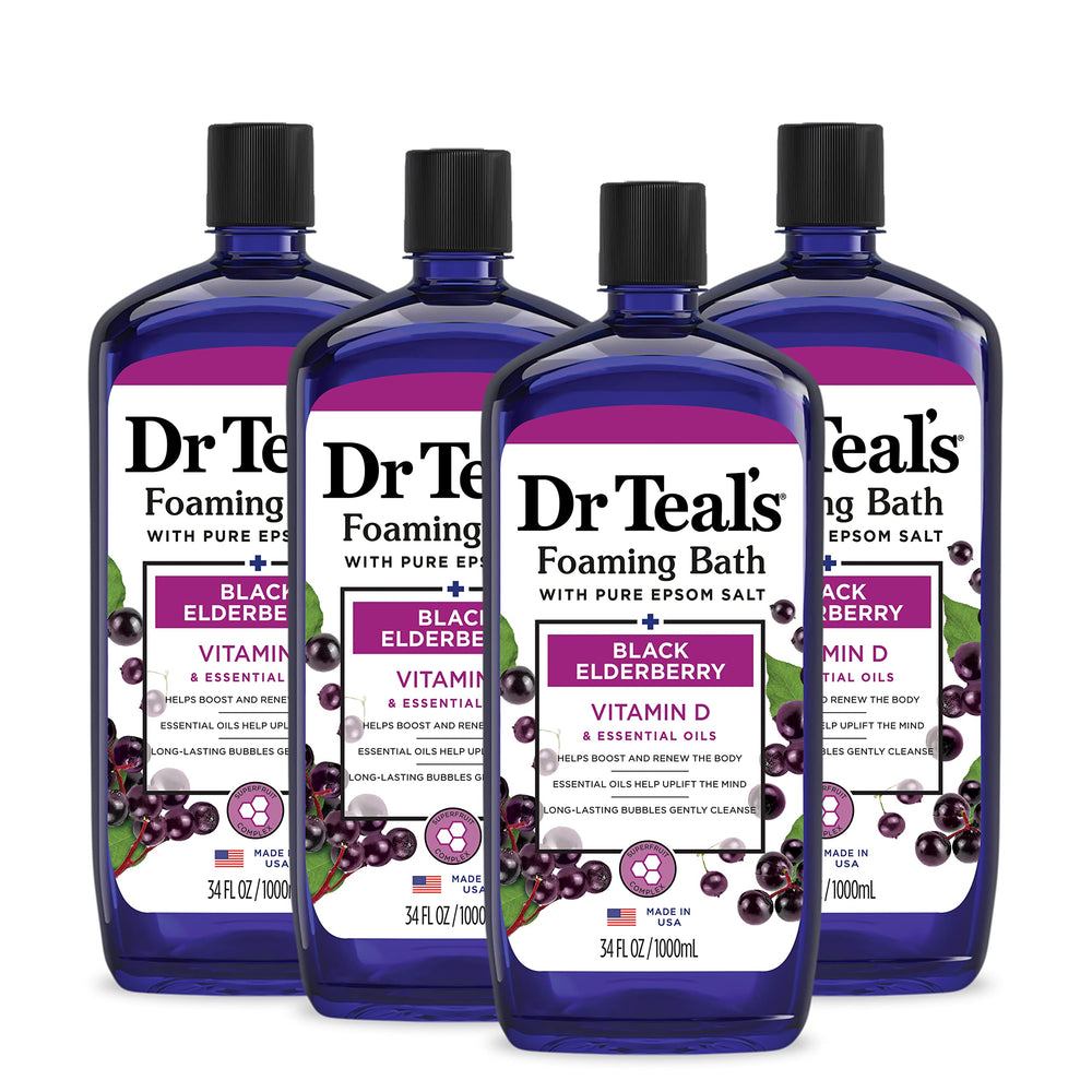 Dr Teal's Elderberry Foaming Bath bottle releasing a soothing elderberry scent.