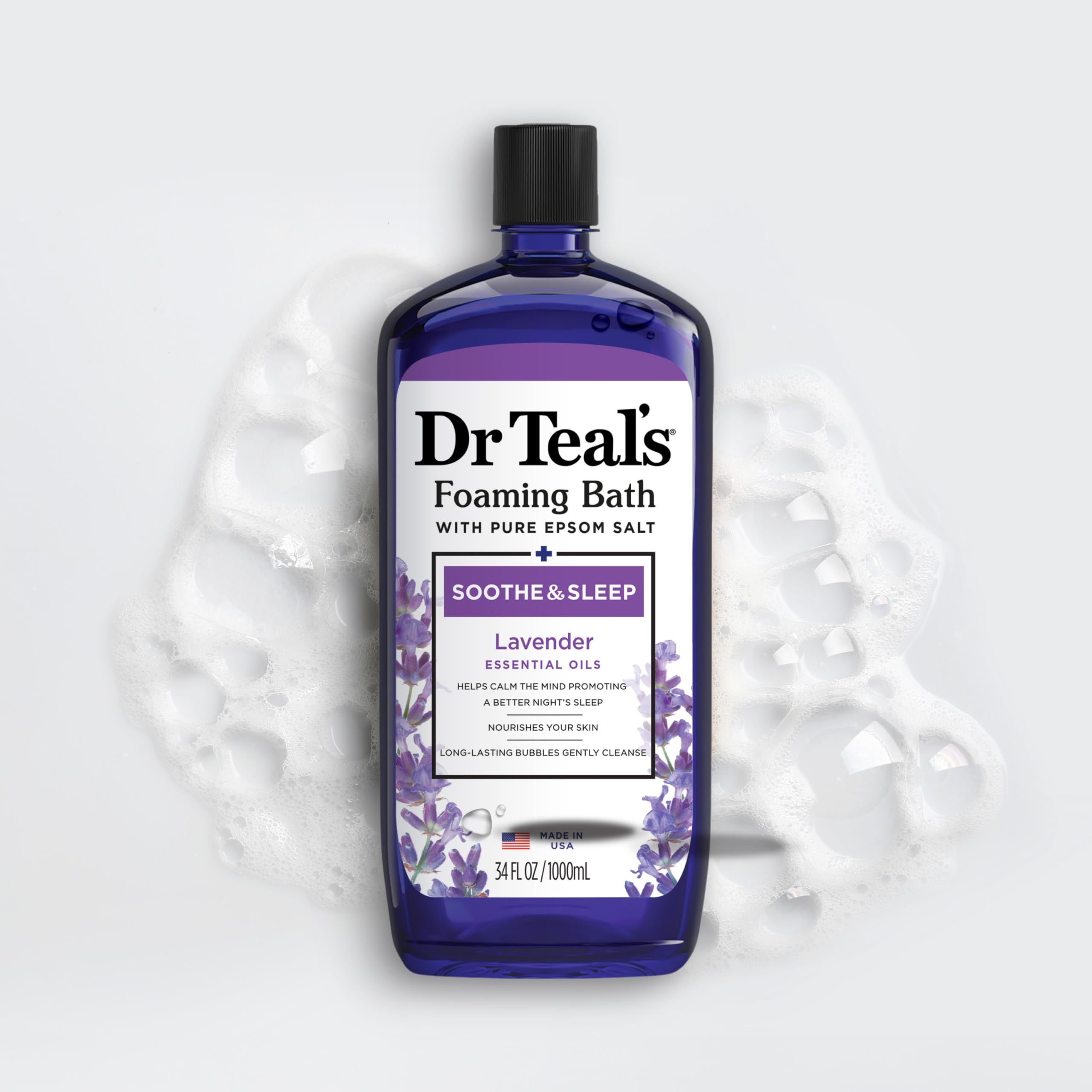 Hand pouring Dr Teal's lavender epsom salt into a warm tub