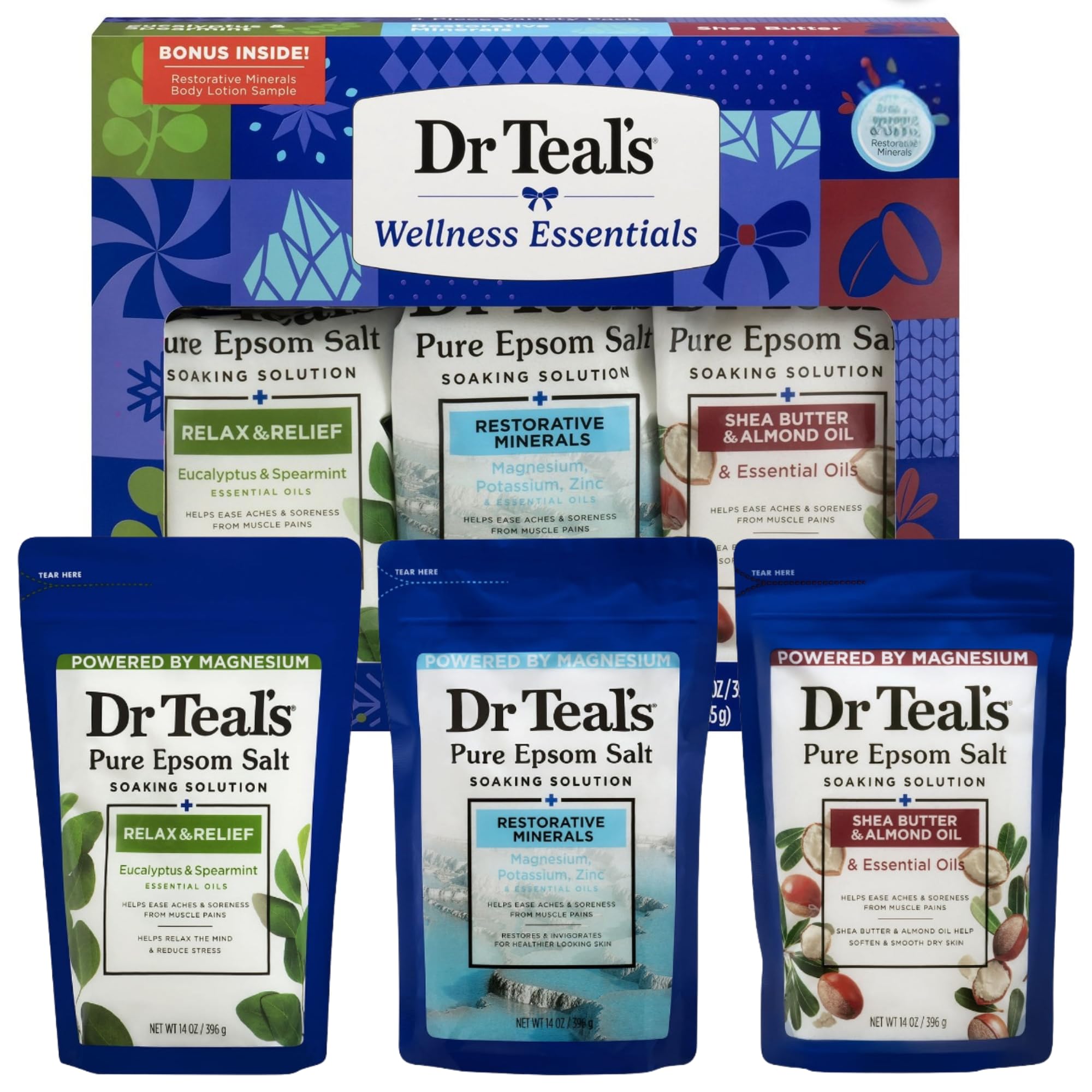 Dr Teal's Holiday Edition gift set on display for spa-like home pampering.