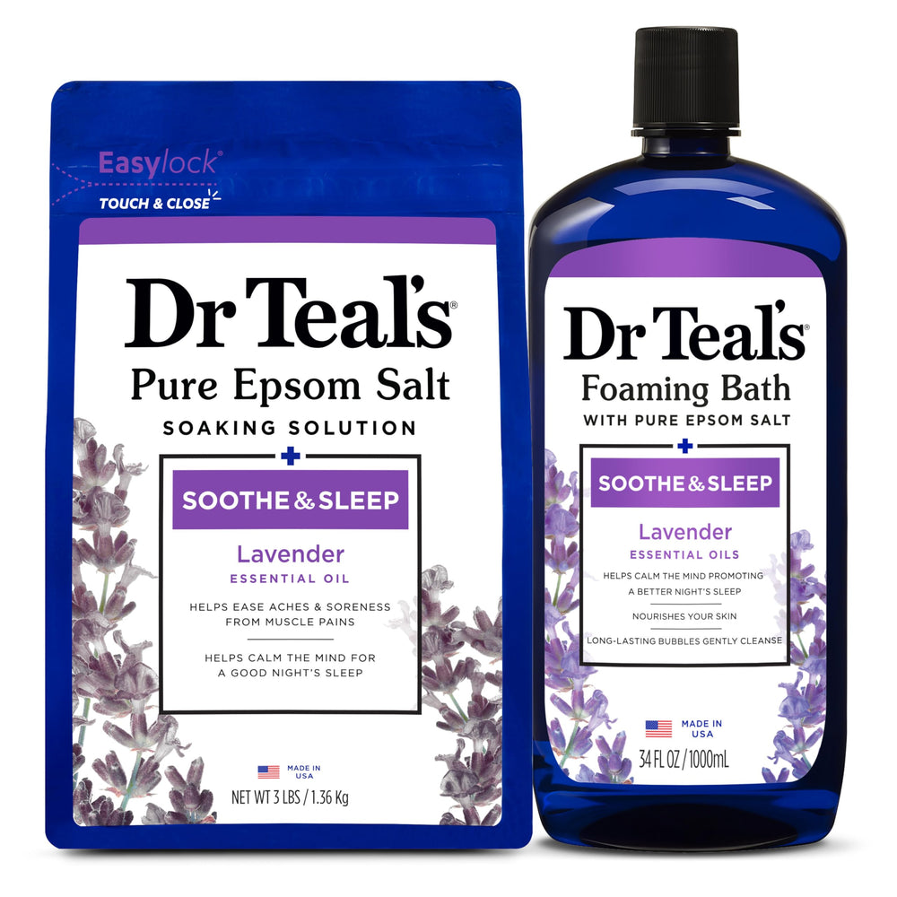 Dr Teal's lavender epsom salt bag with calming crystals for a soothing soak