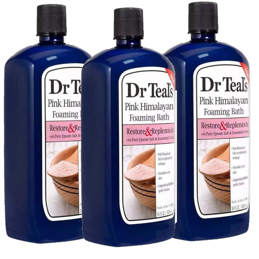 Dr Teal's Pink Himalayan foam bath bottle close-up for soothing relaxation