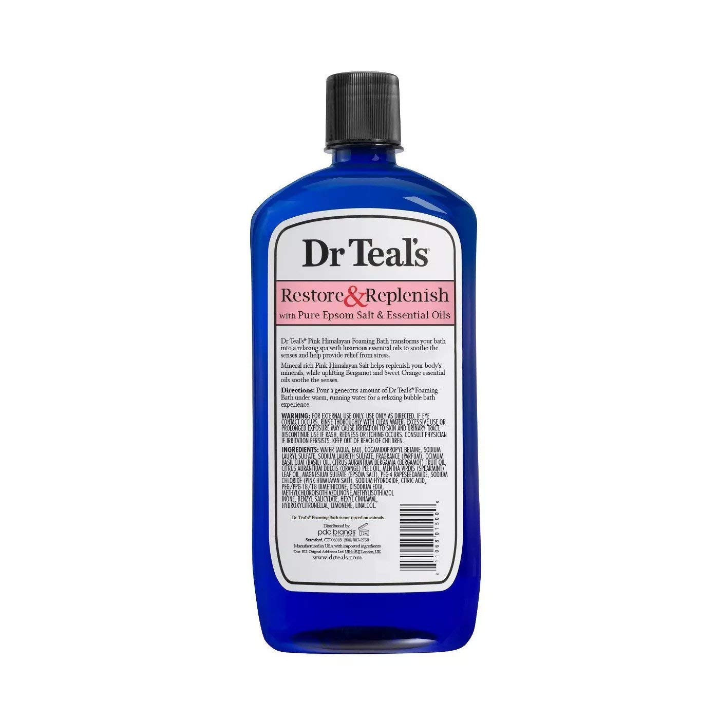 Dr Teal's Pink Himalayan foam bath with bubbles in tub for stress relief