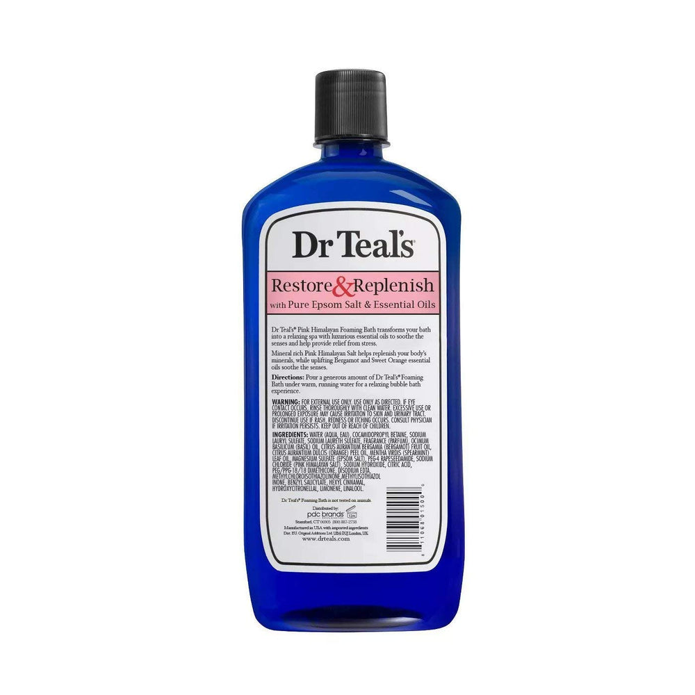 Dr Teal's Pink Himalayan foam bath with bubbles in tub for stress relief