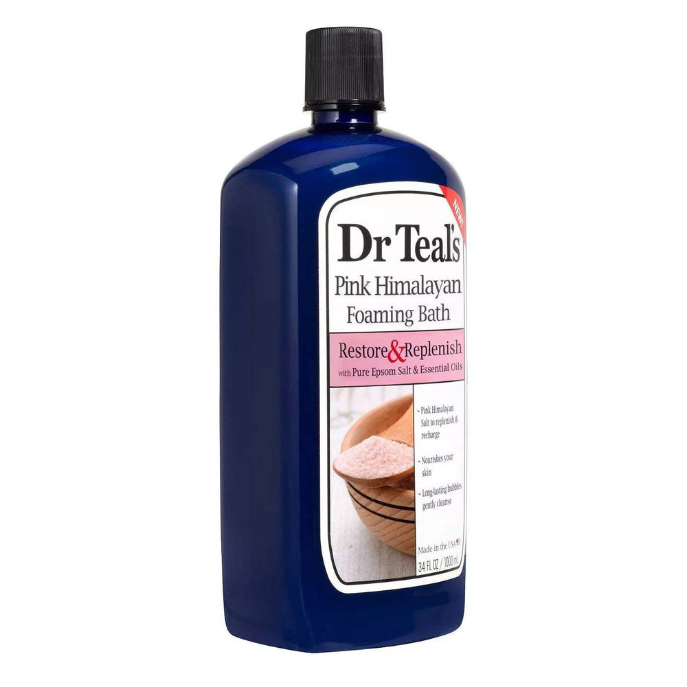 Dr Teal's Pink Himalayan foam bath 3-pack on display, convenient home spa