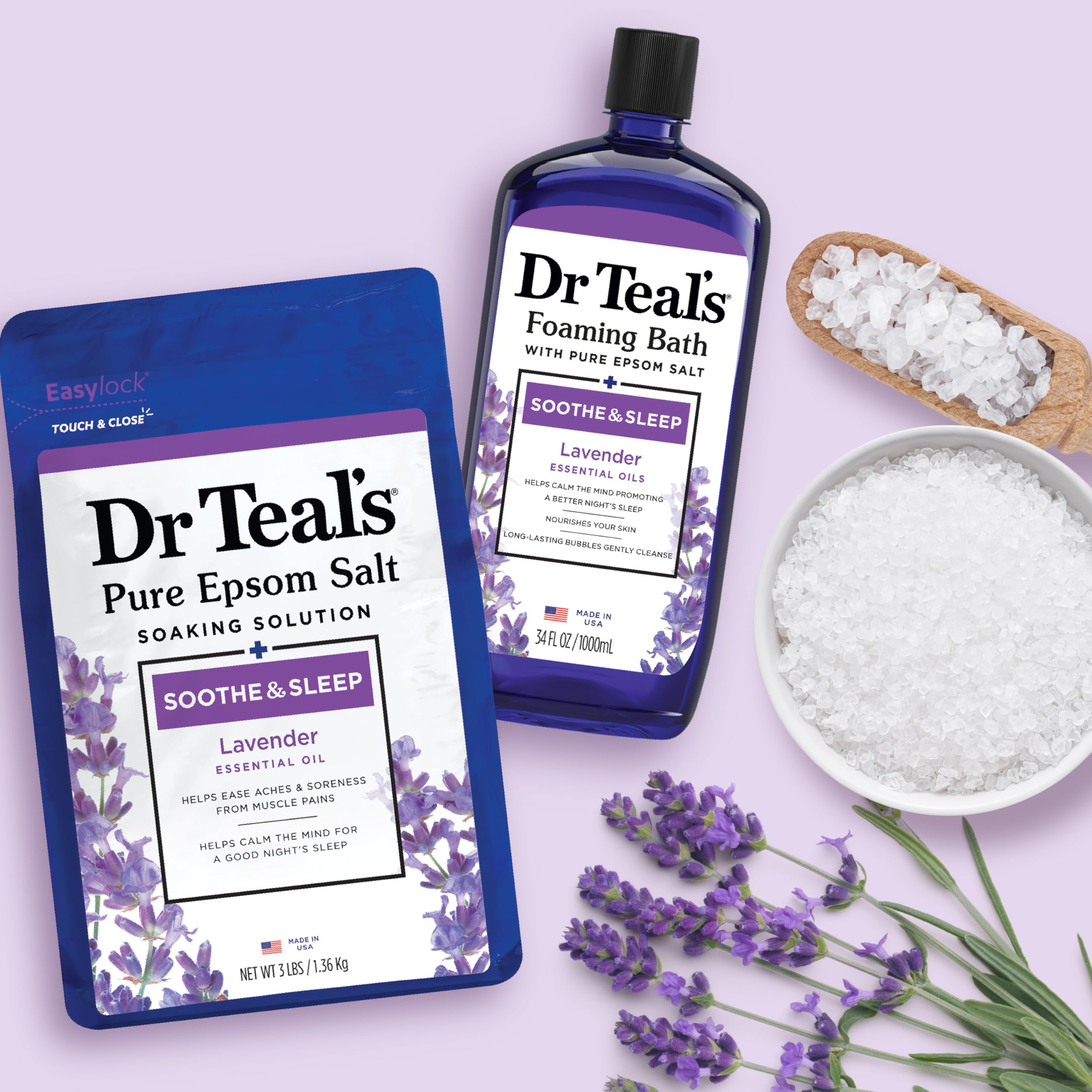 Relaxing bath scene with Dr Teal's lavender soak in a tub