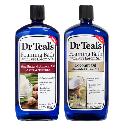 Dr Teal's Shea Butter & Almond Oil foaming bath bottle pour for moisturized skin.