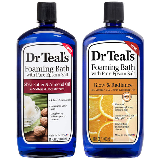 Dr Teal's Shea Butter & Almond Oil foaming bath pour for moisturized, smooth skin.