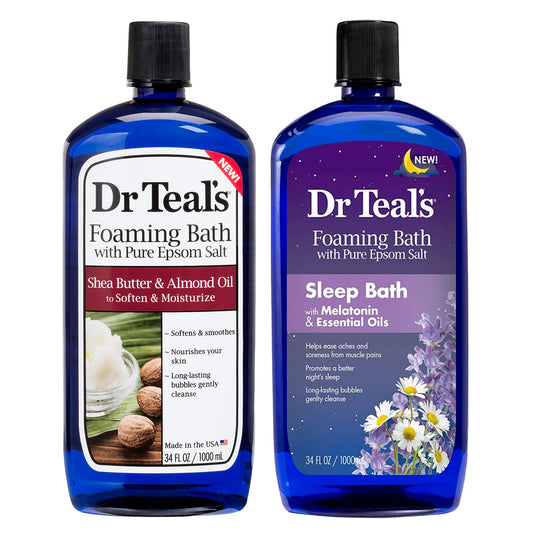 Dr Teal's Shea Butter and Almond Oil foaming bath bottle for moisturized skin after bath.