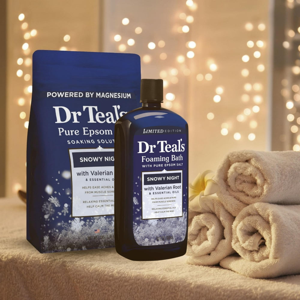 Dr Teal's Snowy Night limited edition packaging highlights calming valerian and winter scent