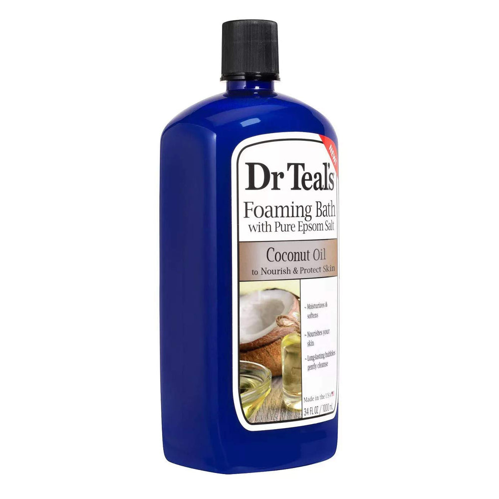 Dr Teal's two-pack foaming bath setup in a cozy bathroom scene.