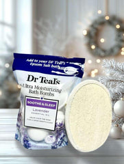 Dr.Teal's lavender bath bombs with exfoliating pad set suggests cleansing and hydration benefits.