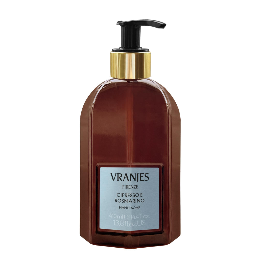 Dr. Vranjes Cypress & Rosemary hand soap bottle close-up for daily cleansing.