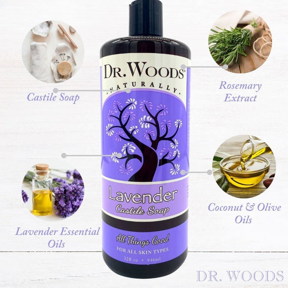 Dr. Woods Lavender Castile Soap used for full body cleansing in shower.