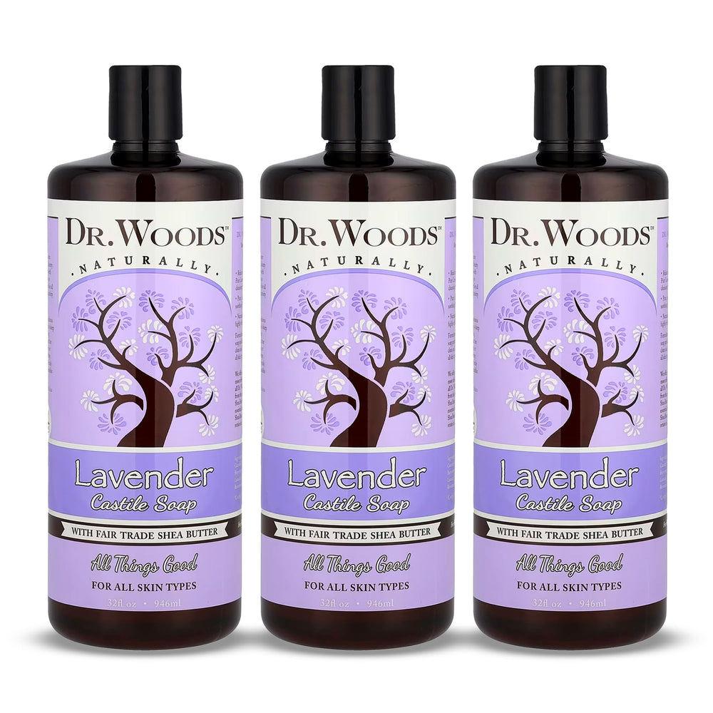 Dr. Woods Lavender Castile Soap bottle pouring for a gentle cleanse
