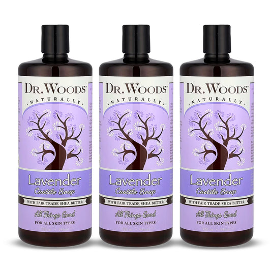 Dr. Woods Lavender Castile Soap bottle pouring for a gentle cleanse