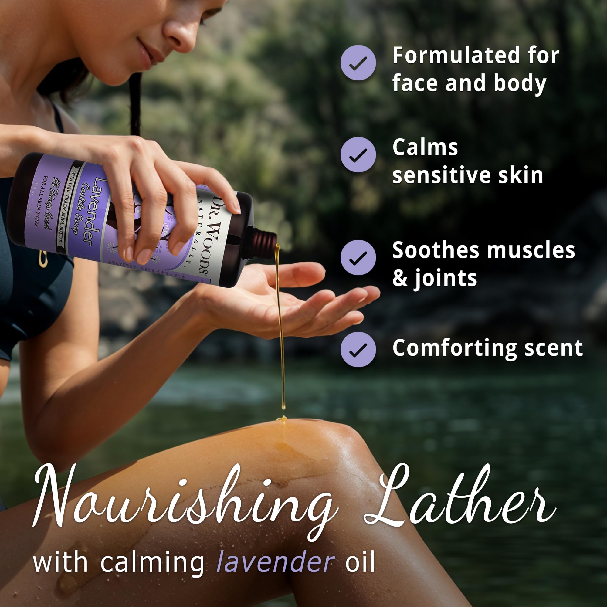 Foamy lather from Dr. Woods Lavender Castile Soap refreshing the skin