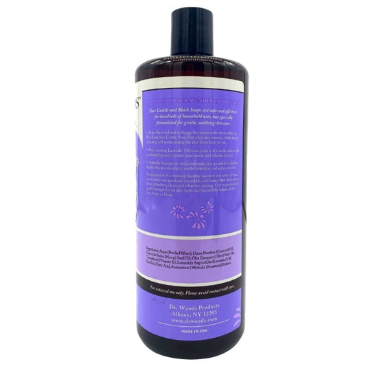 Dr. Woods Lavender Castile Soap pour highlights rich lather and plant-based formula.