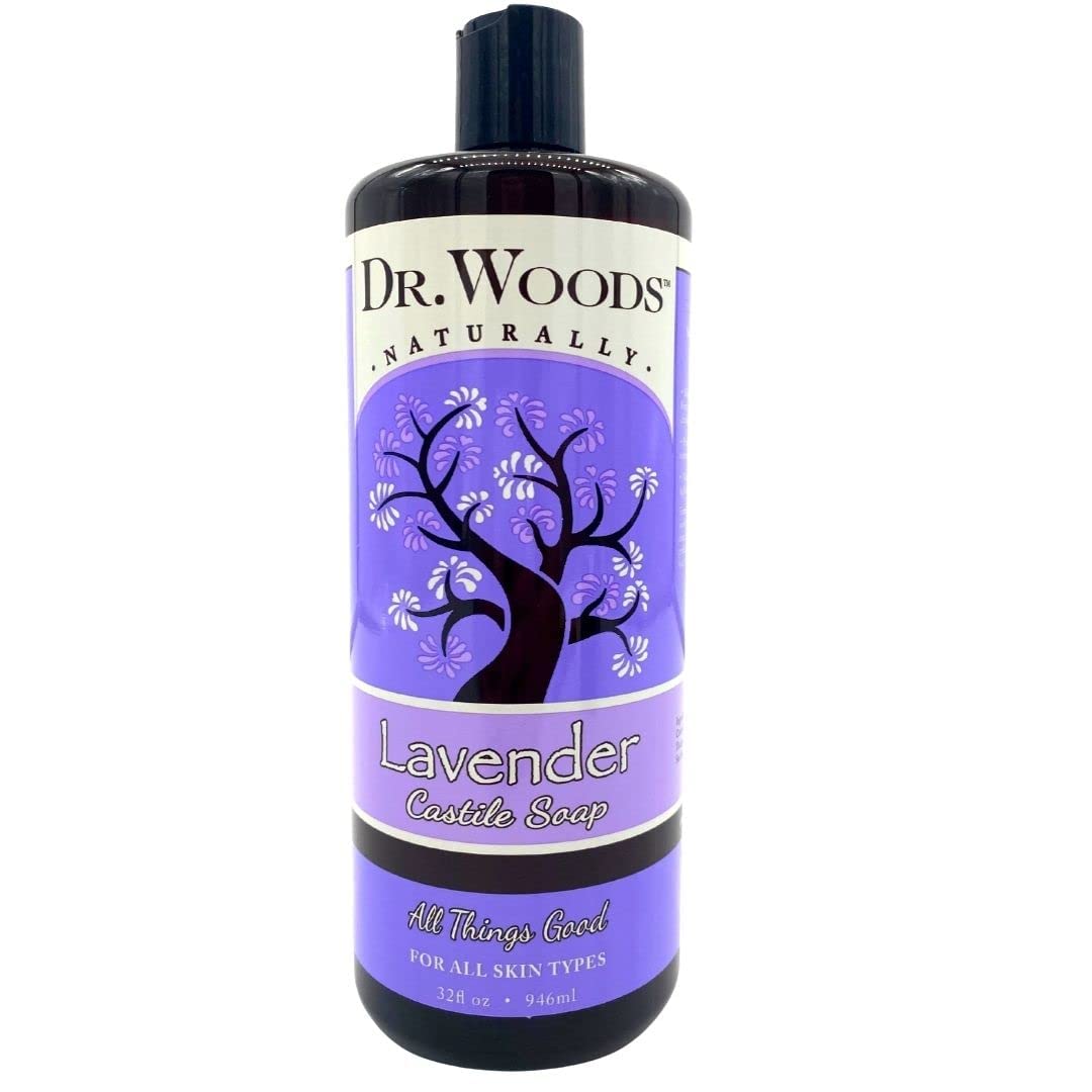 Dr. Woods Lavender Liquid Castile Soap bottle showing gentle cleansing for face, body and hair.