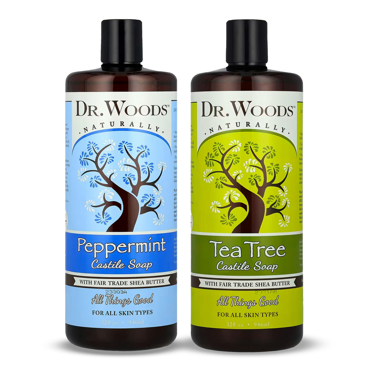 Dr. Woods liquid castile soap bottle with tea tree and peppermint for a refreshing cleanse.