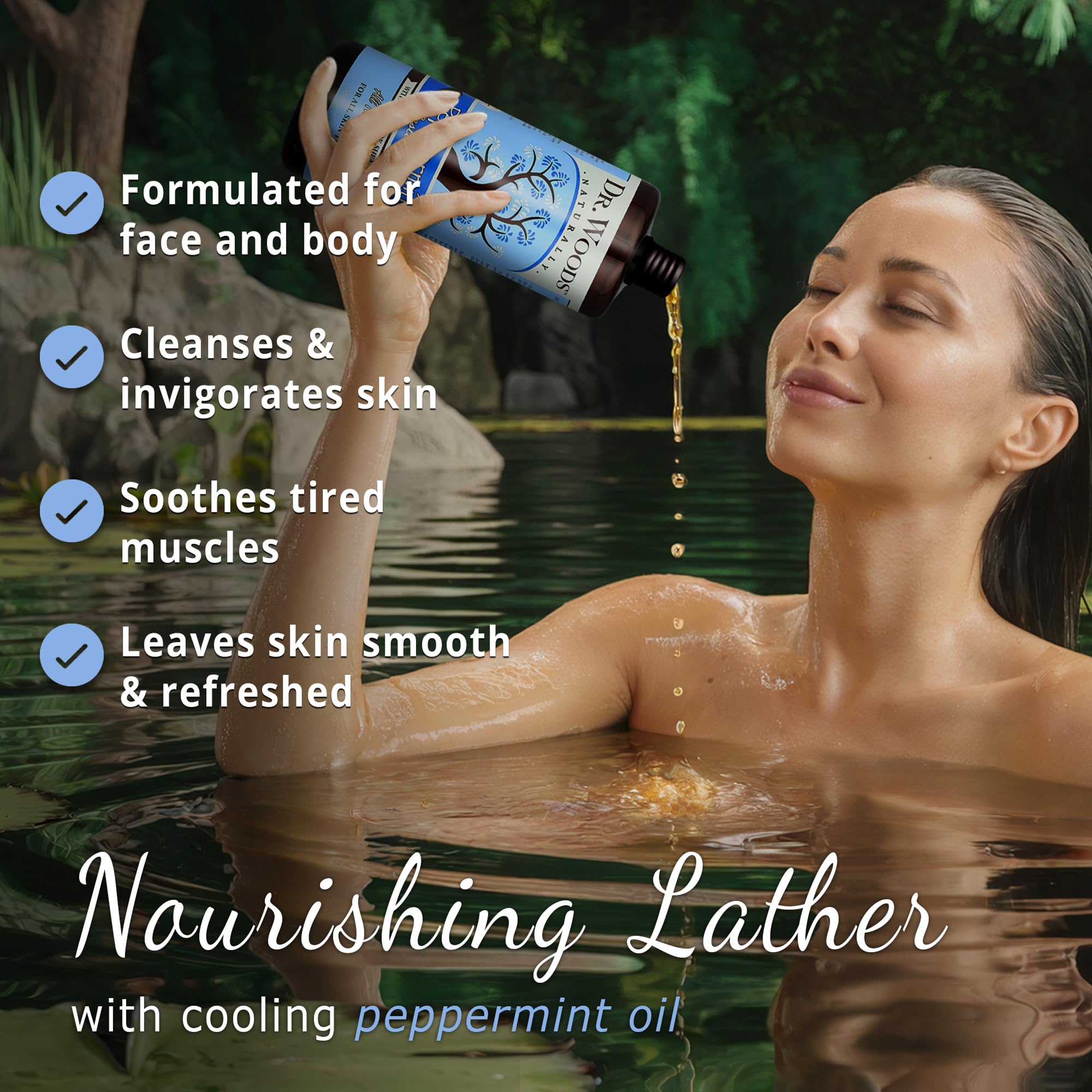 Close-up of rich lather from Dr. Woods Peppermint Castile soap for balanced cleansing.