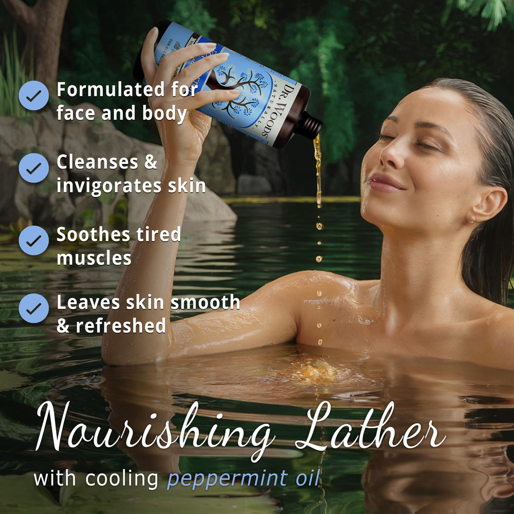 Close-up of rich lather from Dr. Woods Peppermint Castile soap for balanced cleansing.