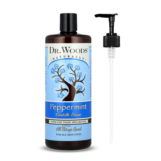 Dr. Woods Peppermint Liquid Castile Soap bottle with pump for refreshing cleansing.