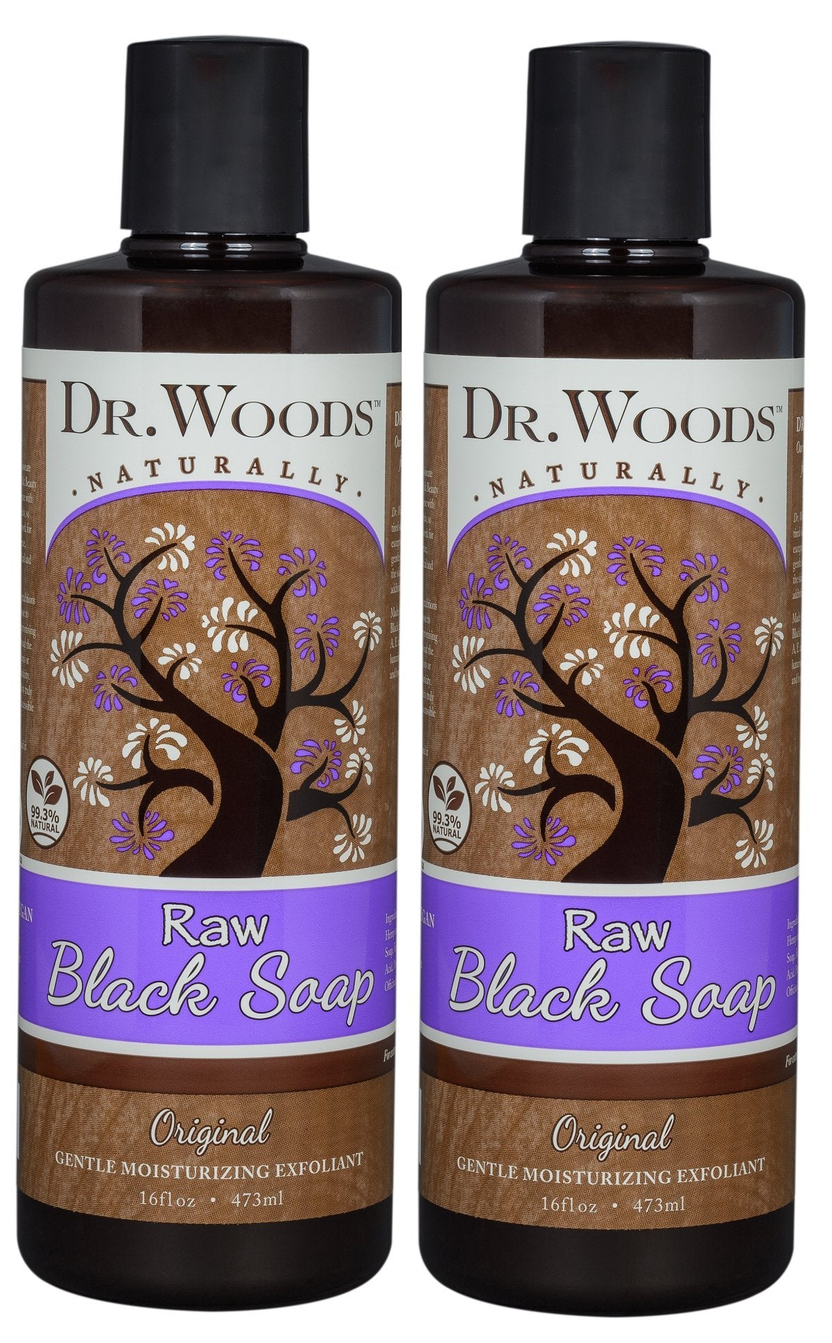 Dr. Woods raw black soap bottle pour for gentle cleansing and hydration.