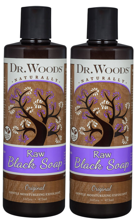 Dr. Woods raw black soap bottle pour for gentle cleansing and hydration.