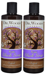 Dr. Woods raw black soap bottle pour for gentle cleansing and hydration.