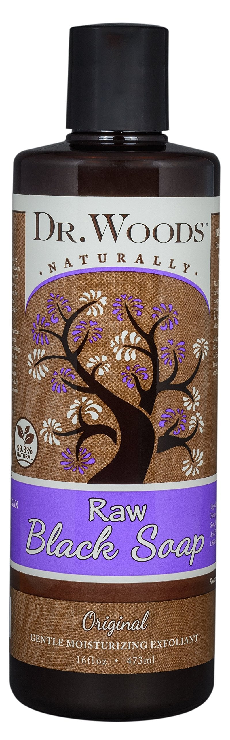 Dr. Woods raw black soap rich lather for face, hands, and body cleansing.