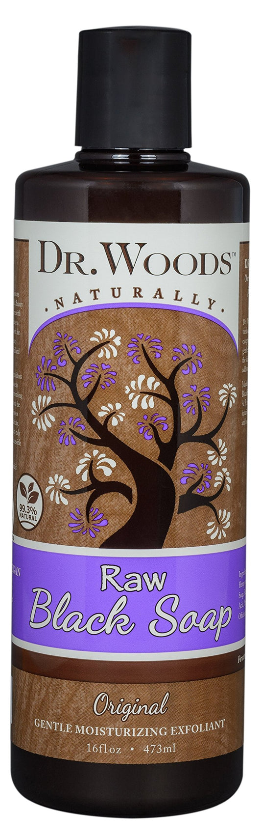 Dr. Woods raw black soap rich lather for face, hands, and body cleansing.