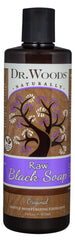 Dr. Woods raw black soap rich lather for face, hands, and body cleansing.