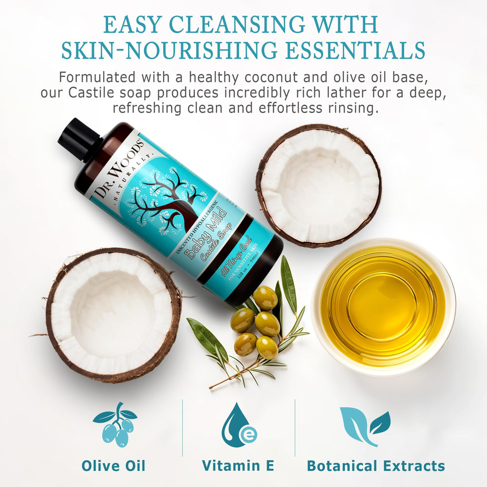 Dr. Woods Unscented Baby Mild Castile Soap for hair - refreshing cleanse without irritation.