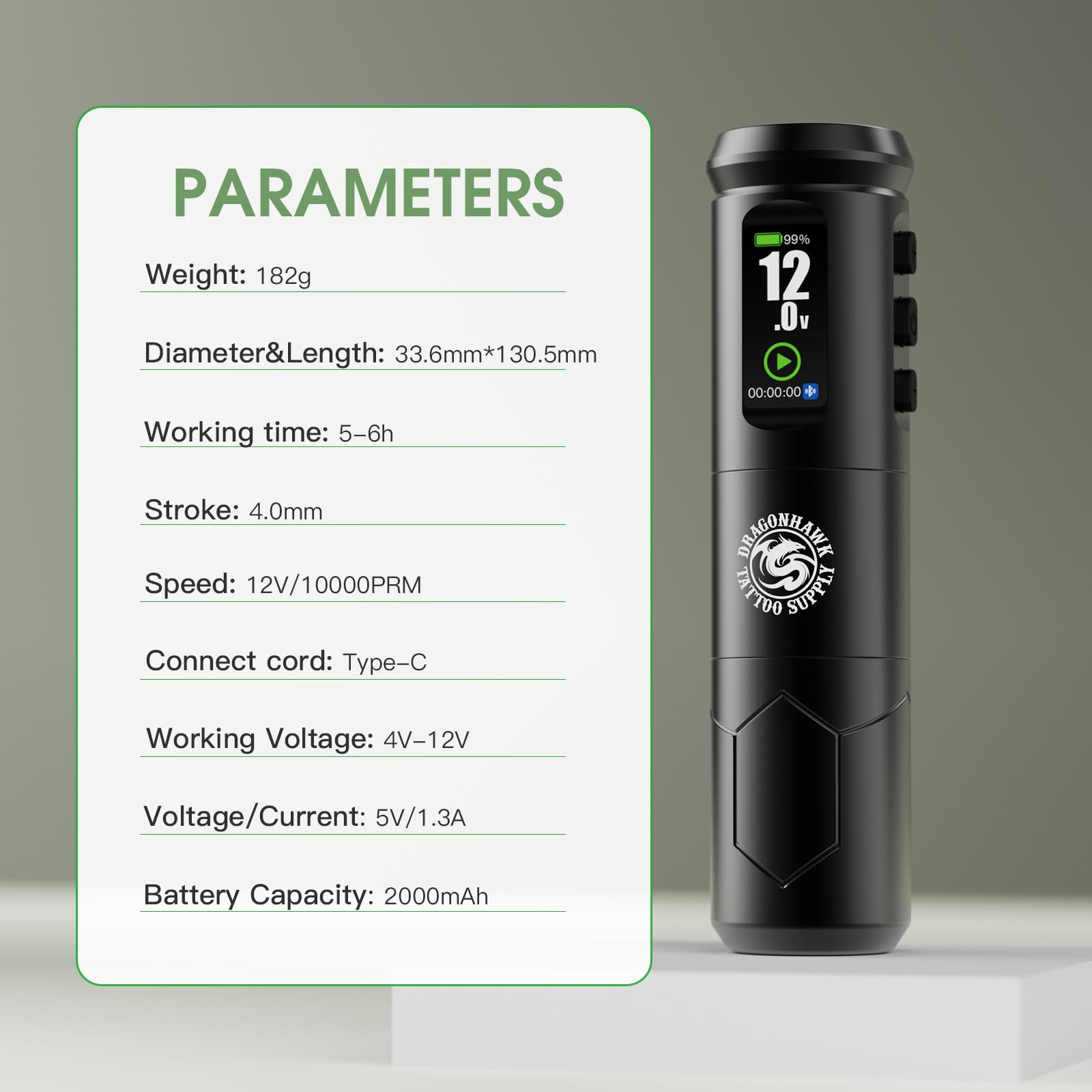 Dragonhawk A1 Pro kit includes 20 cartridge needles for versatile shading and lining.